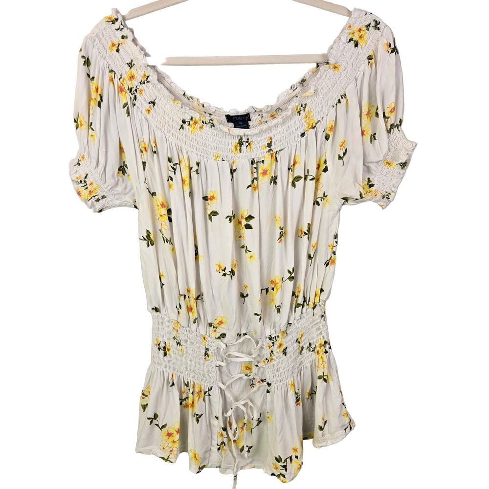 PEASANT rue+ Women's White Yellow Floral Off-Shoulder Smocked Blouse Top 2X BOHO